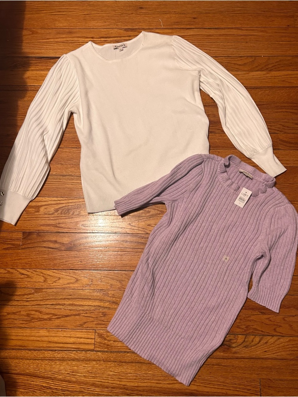 Two spring sweaters  NWT classic White Puff-Sleeve Knit and Lilac ribbed , M/L